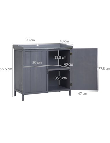 Outsunny Wooden Garden Storage Shed Tool Cabinet Organiser w/ Potting Bench Table, Two Shelves, 98 x 48 x 95.5 cm, Grey 84B-636G