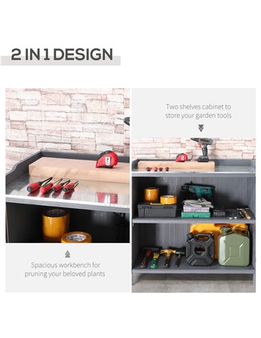 Outsunny Wooden Garden Storage Shed Tool Cabinet Organiser w/ Potting Bench Table, Two Shelves, 98 x 48 x 95.5 cm, Grey 84B-636G