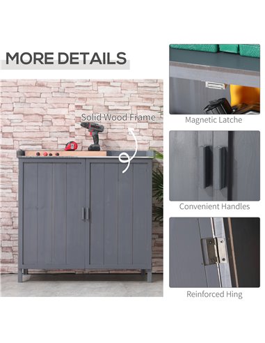 Outsunny Wooden Garden Storage Shed Tool Cabinet Organiser w/ Potting Bench Table, Two Shelves, 98 x 48 x 95.5 cm, Grey 84B-636G