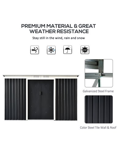 Outsunny 9 x 4 ft Metal Garden Storage Shed Patio Corrugated Steel Roofed Tool Box with Base, Kit Ventilation and Doors, Dark Gr