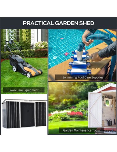 Outsunny 9 x 4 ft Metal Garden Storage Shed Patio Corrugated Steel Roofed Tool Box with Base, Kit Ventilation and Doors, Dark Gr