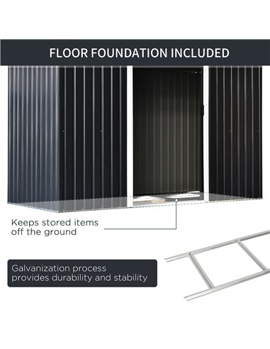 Outsunny 9 x 4 ft Metal Garden Storage Shed Patio Corrugated Steel Roofed Tool Box with Base, Kit Ventilation and Doors, Dark Gr