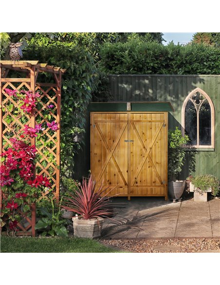Outsunny Garden Wood Storage Shed w/ Flexible Table, Hooks and Ground Nails, Multifunction Lockable Sheds & Outdoor Asphalt Roof - pic 39952 | FastDaddyshop