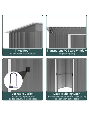 Outsunny Garden Metal Storage Shed House Hut Gardening Tool Storage w/ Tilted Roof and Ventilation 9 x 6ft, Grey 845-174V01GY