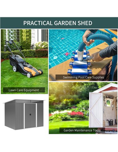 Outsunny Garden Metal Storage Shed House Hut Gardening Tool Storage w/ Tilted Roof and Ventilation 9 x 6ft, Grey 845-174V01GY