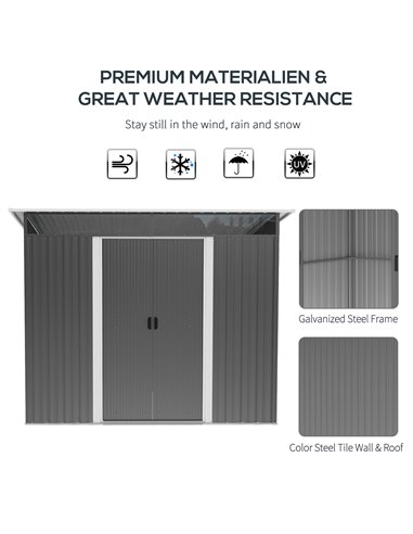 Outsunny Garden Metal Storage Shed House Hut Gardening Tool Storage w/ Tilted Roof and Ventilation 9 x 6ft, Grey 845-174V01GY