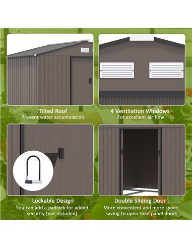 Outsunny 9 x 6FT Garden Metal Storage Shed Outdoor Storage Shed with Foundation Ventilation & Doors, Brown 845-031V00BN