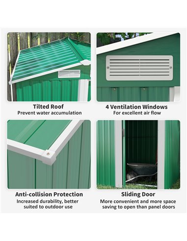 Outsunny Garden Metal Tool Storage Shed with Sliding Door, Sloped Roof and Floor Foundation, 152 x 132 x 188cm, Green 845-291V01