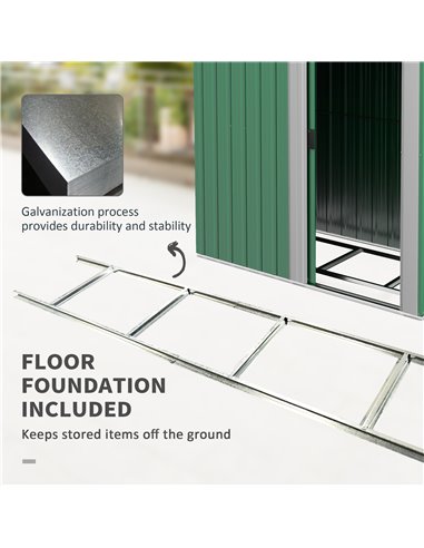 Outsunny Garden Metal Tool Storage Shed with Sliding Door, Sloped Roof and Floor Foundation, 152 x 132 x 188cm, Green 845-291V01