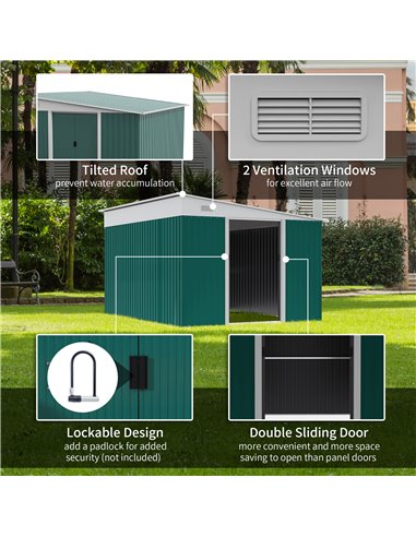 Outsunny Garden Metal Storage Shed Outdoor Metal Tool House with Double Sliding Doors and 2 Air Vents, 11.3x9.2ft, Green 845-529