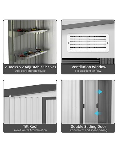 Outsunny 5 x 7FT Galvanised Metal Shed with Foundation, Lean to Tool Garden Shed with Sliding Doors and 2 Vents, White 845-983V0
