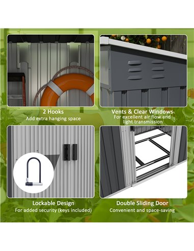Outsunny 6.5 x 4FT Galvanised Metal Shed with Foundation, Lockable Tool Garden Shed with Double Sliding Doors and 2 Vents, Grey 