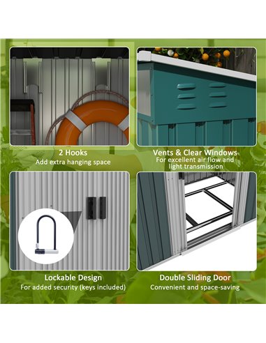 Outsunny 6.5 x 4FT Galvanised Metal Shed with Foundation, Lockable Tool Garden Shed with Double Sliding Doors and 2 Vents, Green