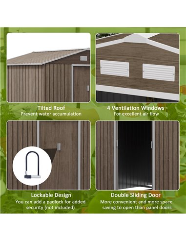 Outsunny 9 x 6ft Garden Metal Storage Shed, Outdoor Storage Tool House with Vents, Foundation and Lockable Double Doors, Brown 8