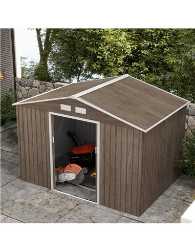 Outsunny 9 x 6ft Garden Metal Storage Shed, Outdoor Storage Tool House with Vents, Foundation and Lockable Double Doors, Brown 8
