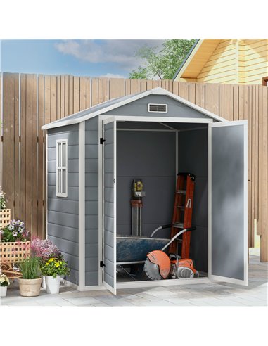 Outsunny 6'x4.5' Garden Storage Shed, Lockable Garden Shed with Double Doors, Window, Vent and Plastic Roof, Grey 845-953V00GY
