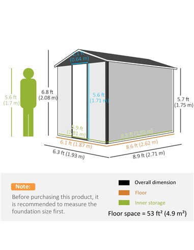 Outsunny 9x 6FT Metal Outdoor Garden Shed, Galvanised Tool Storage Shed w/ Sloped Roof, Lockable Door for Patio Lawn, Dark Grey 