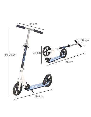 HOMCOM 2 Wheel Kids Stunt Kick Scooter Foldable Teens Commuter Aluminium Frame Adjustable Handles - White Blue