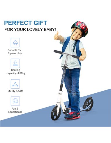 HOMCOM 2 Wheel Kids Stunt Kick Scooter Foldable Teens Commuter Aluminium Frame Adjustable Handles - White Blue