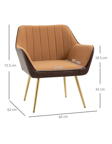 HOMCOM Modern Velvet Armchairs with Gold Steel Legs, Light Brown 839-573V70LR