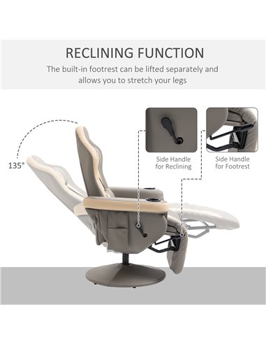 HOMCOM Manual Recliner Chair Armchair PU Leather Lounge Chair w/ Adjustable Leg Rest, 135° Reclining Function, 360° Swivel, Grey
