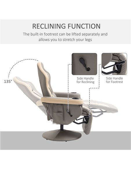 HOMCOM Manual Recliner Chair Armchair PU Leather Lounge Chair w/ Adjustable Leg Rest, 135° Reclining Function, 360° Swivel, Grey - pic 40371 | FastDaddyshop