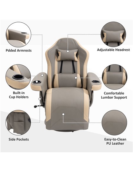 HOMCOM Manual Recliner Chair Armchair PU Leather Lounge Chair w/ Adjustable Leg Rest, 135° Reclining Function, 360° Swivel, Grey - pic 40373 | FastDaddyshop