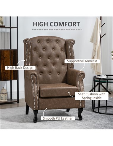 HOMCOM Wingback Accent Chair Tufted Chesterfield-style Armchair with Nail Head Trim for Living Room Bedroom Brown 839-703V70DR
