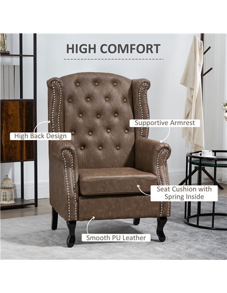 HOMCOM Wingback Accent Chair Tufted Chesterfield-style Armchair with Nail Head Trim for Living Room Bedroom Brown 839-703V70DR - pic 40398 | FastDaddyshop