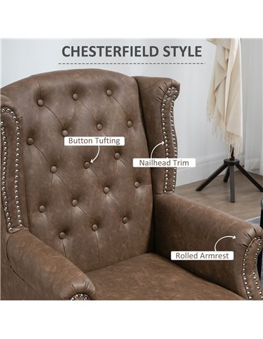 HOMCOM Wingback Accent Chair Tufted Chesterfield-style Armchair with Nail Head Trim for Living Room Bedroom Brown 839-703V70DR