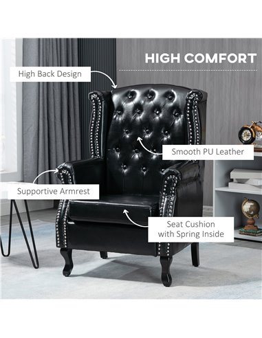 HOMCOM Wingback Accent Chair Tufted Chesterfield-style Armchair with Nail Head Trim for Living Room Bedroom Black 839-703V70BK