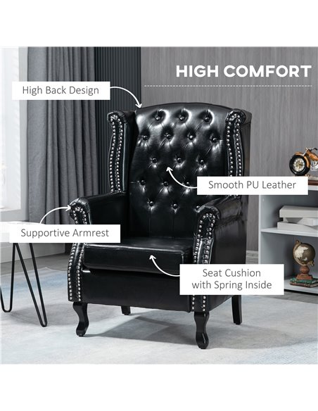 HOMCOM Wingback Accent Chair Tufted Chesterfield-style Armchair with Nail Head Trim for Living Room Bedroom Black 839-703V70BK - pic 40416 | FastDaddyshop
