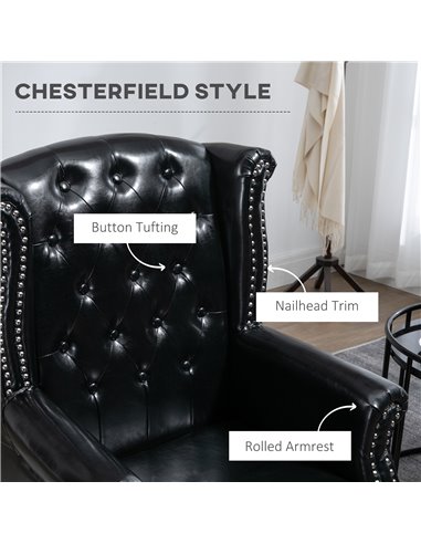 HOMCOM Wingback Accent Chair Tufted Chesterfield-style Armchair with Nail Head Trim for Living Room Bedroom Black 839-703V70BK