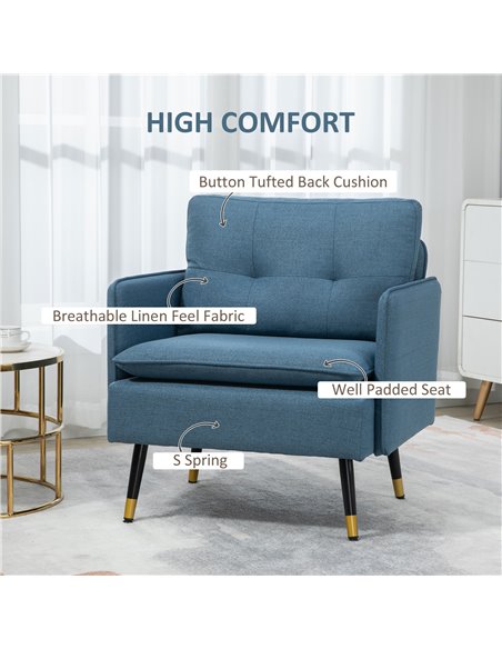 HOMCOM Modern Armchairs with Steel Legs, Upholstered Button Tufted Accent Chairs for Living Room and Bedroom, Dark Blue 839-619V - pic 40425 | FastDaddyshop