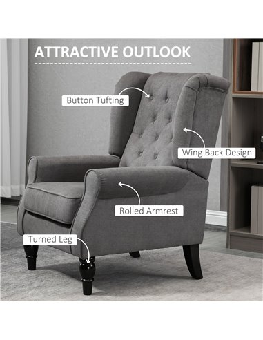 HOMCOM Retro Accent Chair, Wingback Armchair with Wood Frame Button Tufted Design for Living Room Bedroom, Dark Grey 833-695V71C