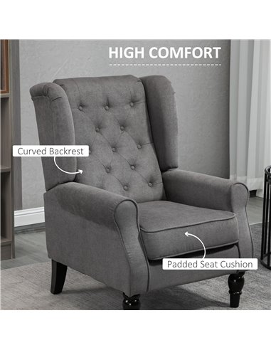 HOMCOM Retro Accent Chair, Wingback Armchair with Wood Frame Button Tufted Design for Living Room Bedroom, Dark Grey 833-695V71C