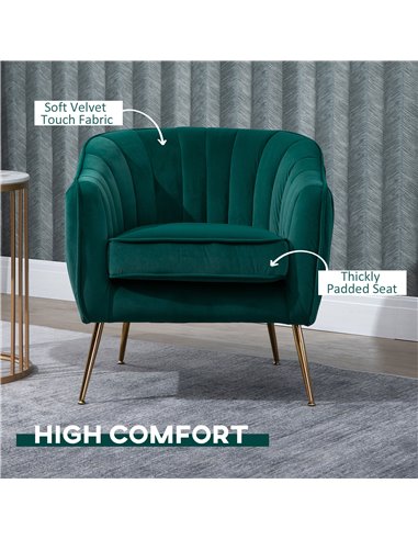 HOMCOM Velvet-Feel Tub Armchair, with Gold Tone Legs - Green 833-725V71DG