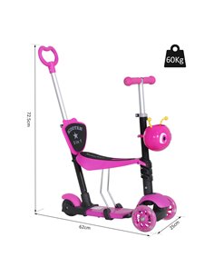HOMCOM 5-in-1 Kids Toddler 3 Wheels Mini Kick Scooter Push Walker with Removable Seat & Back Rest for Girls and Boys Pink 2