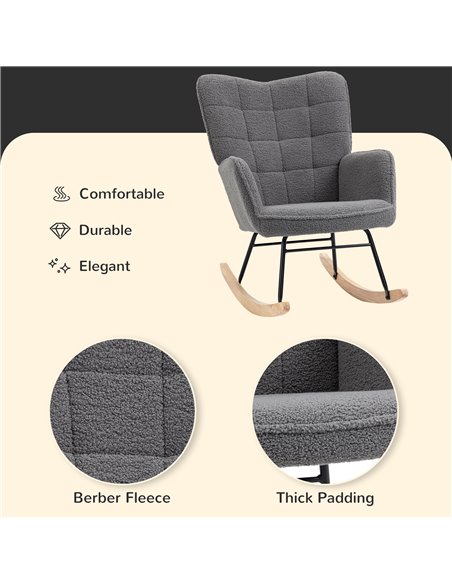 HOMCOM Wingback Rocking Chair for Nursing, Berber Fleece Nursery Glider Rocker, Modern Armchair for Living Room, Dark Grey 839-6 - pic 40534 | FastDaddyshop