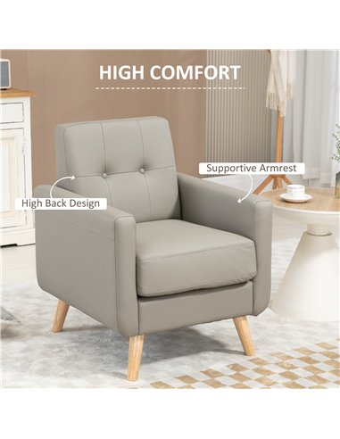 HOMCOM Modern Accent Chair, Tufted Living Room Chairs, PU Leather Armchair for Bedroom, Home Office, Grey 839-847V70GY