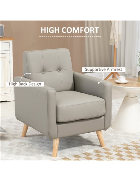 HOMCOM Modern Accent Chair, Tufted Living Room Chairs, PU Leather Armchair for Bedroom, Home Office, Grey 839-847V70GY - pic 40569 | FastDaddyshop