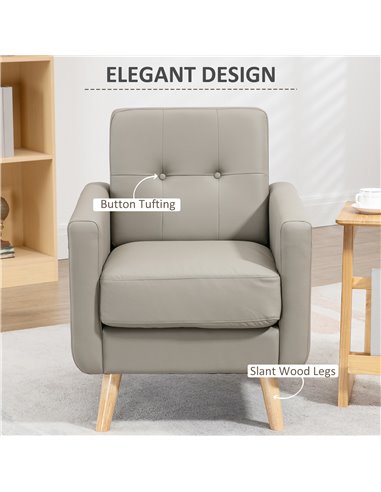 HOMCOM Modern Accent Chair, Tufted Living Room Chairs, PU Leather Armchair for Bedroom, Home Office, Grey 839-847V70GY