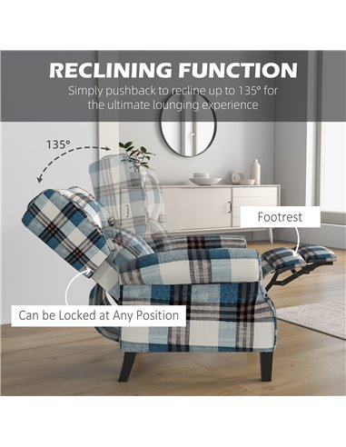 HOMCOM Wingback Reclining Chair Push Back Recliner Armchair for Living Room Bedroom with Footrest Armrests Wood Legs Blue 833-70