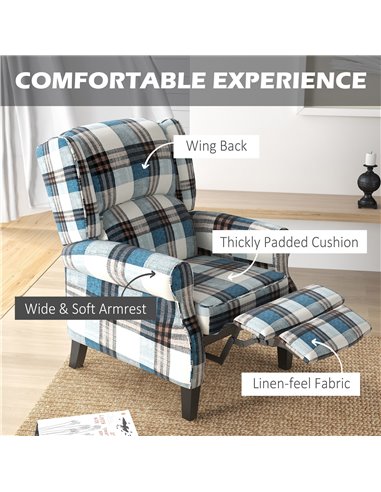 HOMCOM Wingback Reclining Chair Push Back Recliner Armchair for Living Room Bedroom with Footrest Armrests Wood Legs Blue 833-70