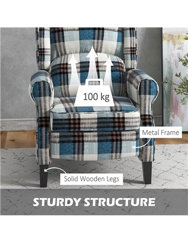 HOMCOM Wingback Reclining Chair Push Back Recliner Armchair for Living Room Bedroom with Footrest Armrests Wood Legs Blue 833-70