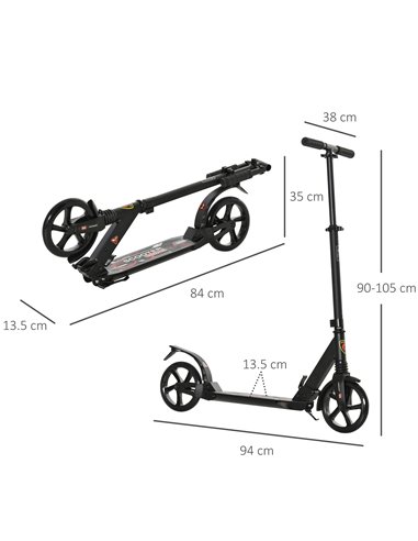 HOMCOM Folding Kick Scooter 2 Big Wheels Teens Adult 14+ Adjustable Ride On Black