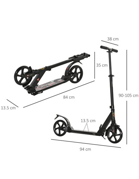HOMCOM Folding Kick Scooter 2 Big Wheels Teens Adult 14+ Adjustable Ride On Black - pic 4062 | FastDaddyshop
