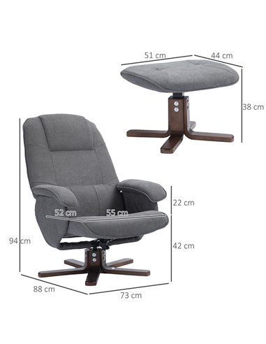 HOMCOM Linen Swivel Recliner Chair with Footstool, Grey 839-871V80GY