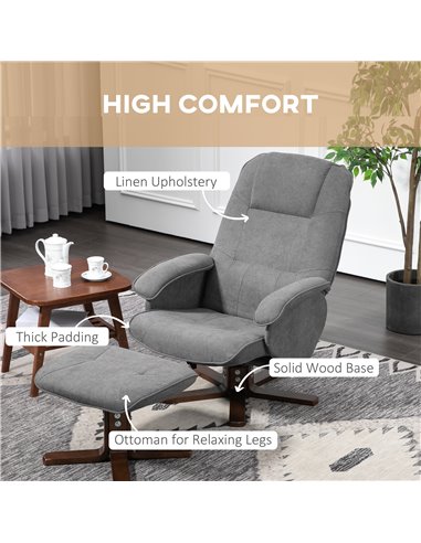 HOMCOM Linen Swivel Recliner Chair with Footstool, Upholstered Reclining Armchair with Wooden Base for Living Room, Grey 839-871
