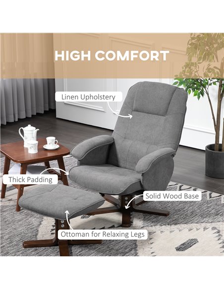 HOMCOM Linen Swivel Recliner Chair with Footstool, Upholstered Reclining Armchair with Wooden Base for Living Room, Grey 839-871 - pic 40625 | FastDaddyshop